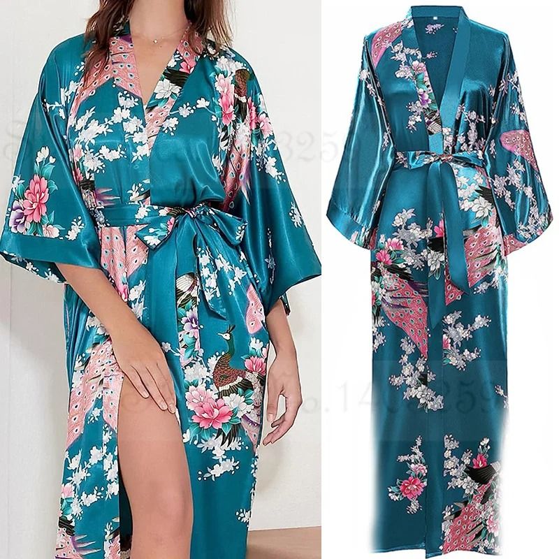 Large Size Peacock Print Kimono Bathrobe Elegant Flower Satin Long Robe & Loose Loungewear Nightgown navy Blue A s