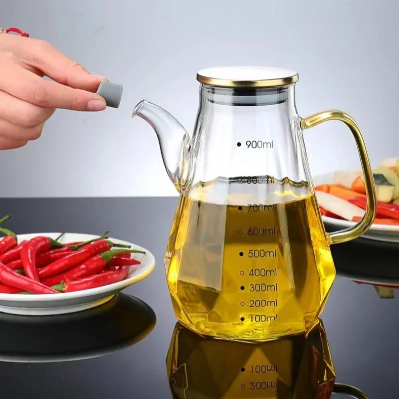 Glass Oil Pots Leak Proof, Diamond Oil Bottle With Scale, Lid Kitchen Soy Sauce Vinegar Condiment Storage 500ml