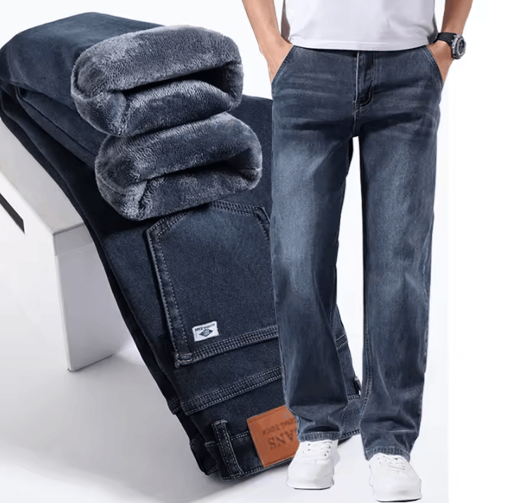 Mens Winter Warm Fleece Lined Stretch Casual Jeans Lightweight Thermal Trousers For Office & Daily Wear sky Blue 28