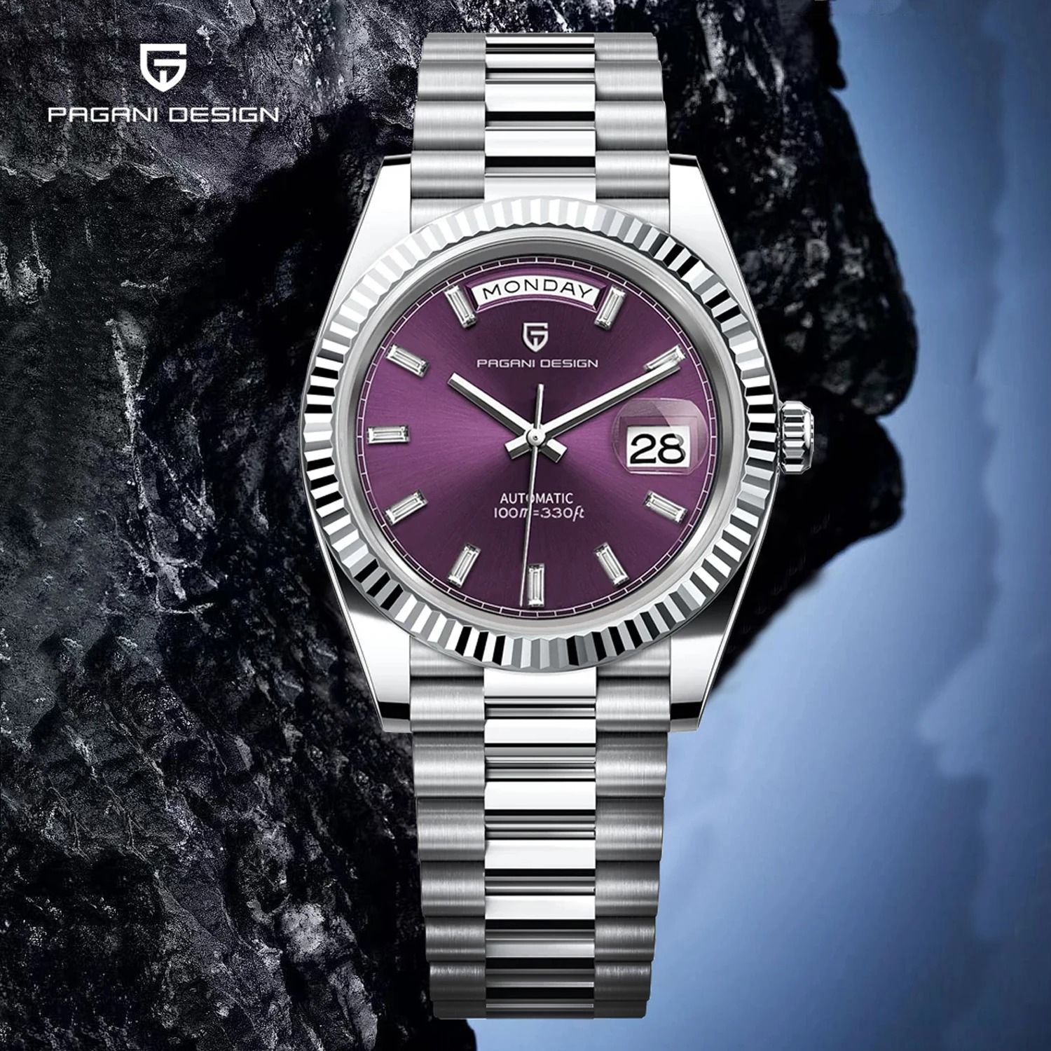 Automatic Day Date Mechanical Watch Luxury NH36A Movement Sapphire Timepiece ice Blue