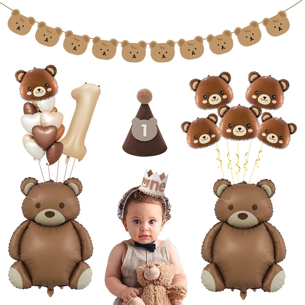 Coffee Brown Teddy Bear Balloon And Number Heart Balloon Set Party Decorations happy Birthday Banner