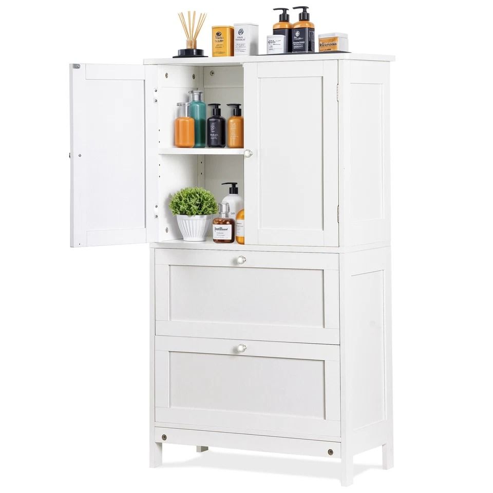 White Bathroom Floor Cabinet, Adjustable Shelves, Hidden Storage, Large Capacity, Stylish Design White Bathroom Floor Cabinet, Adjustable Shelves, Hidden Storage, Large Capacity, Stylish Design