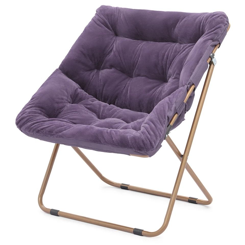 Folding Saucer Chair, Purple Faux Fur Bedroom Chair, Padded Seat Metal Frame, Cozy Moon Chair For Kids And Adults Folding Saucer Chair, Purple Faux Fur Bedroom Chair, Padded Seat Metal Frame, Cozy Moon Chair For Kids And Adults