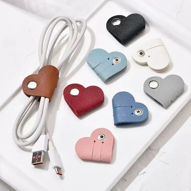 Mini Heart Leather Cable Winder High Performance Heart Shaped Cord Organizer & Headphone Wire Holder red