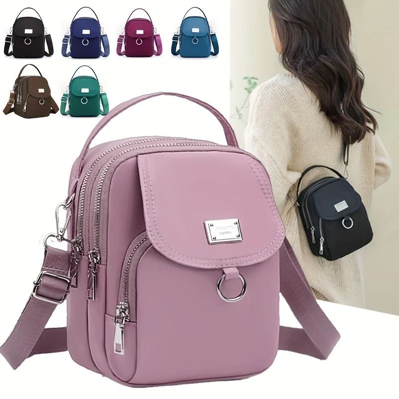 Lightweight Nylon Crossbody Bag For Women Mini Multi Zip Shoulder Purse pink