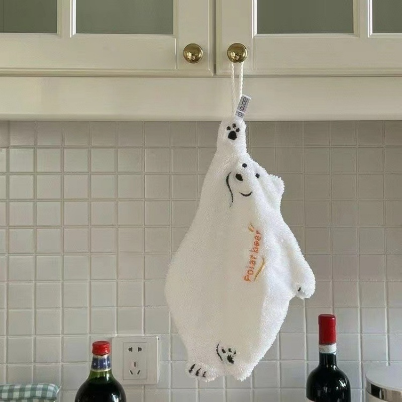 Super Absorbent Polar Bear Hand Wiping Towel, Coral Design, Cartoon Hanging Kitchen Towel gray