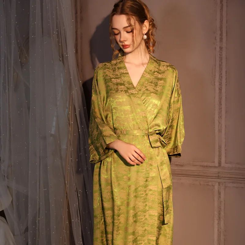 Silk Jacquard Kimono Robe Luxury Satin Ice Silk Long Womens Bathrobe green Long Robe A plus Size