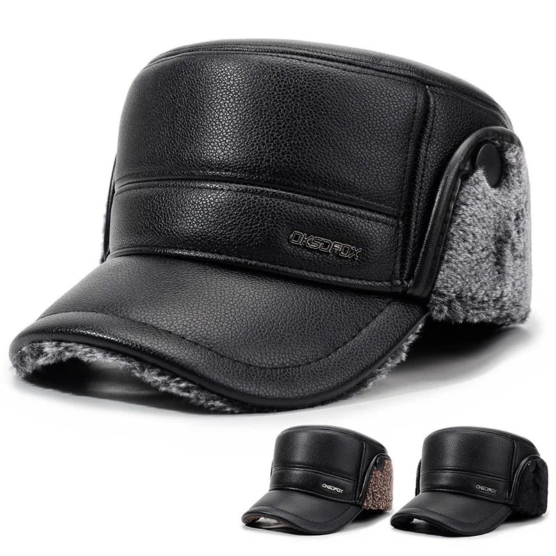 Men's Leather Flat Top Baseball Cap Warm Fleece Lined Winter Ear Protection Hat brown