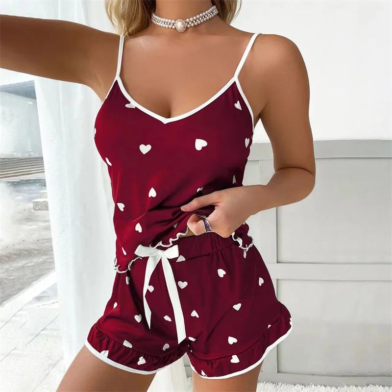 Womens Cute Printed Summer Pajama Set scarlet l