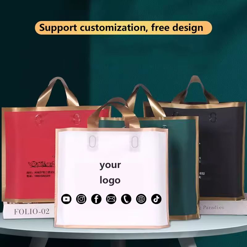 50 Pcs Customized Logo Tote Bags With Gold Edge Party Favor & Shopping Packaging Bags black 13.78x11.81 In