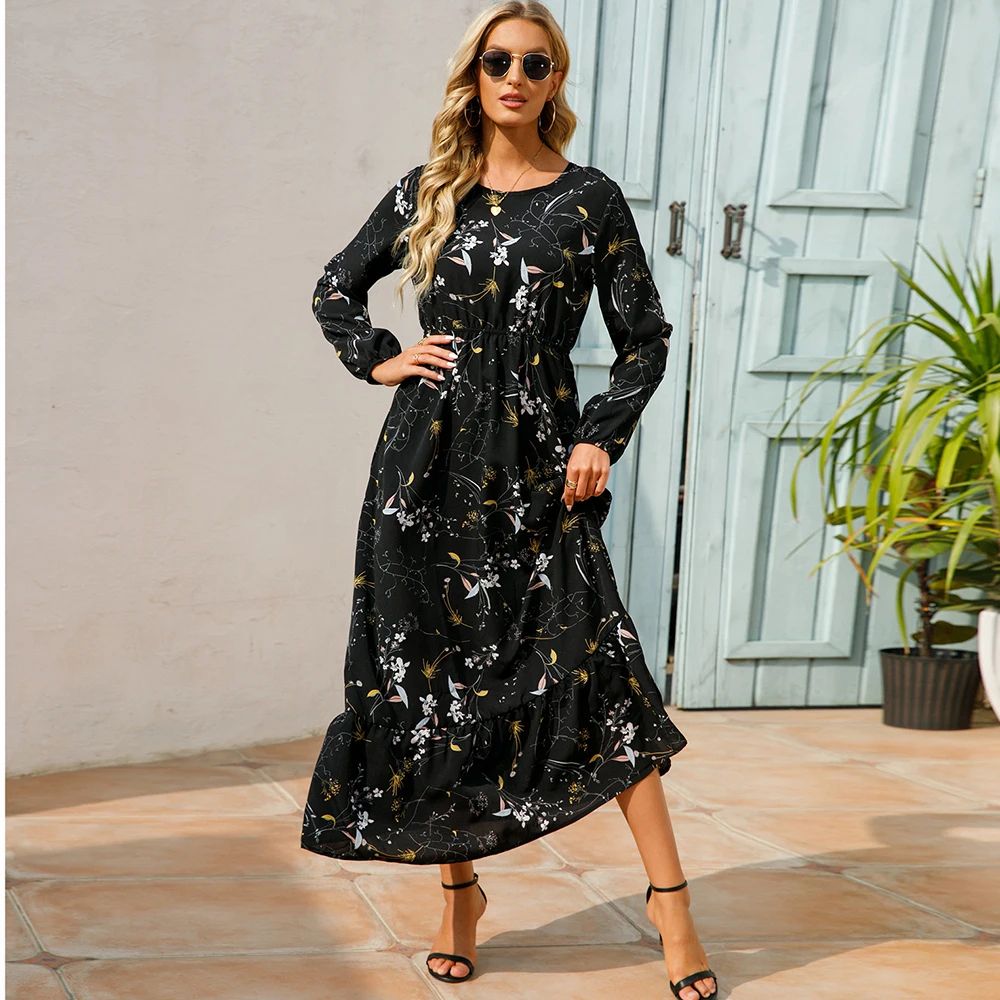 Bohemian Chic Boho Maxi Dress Floral Chiffon Beach Dress With Long Sleeves & High Waist 3 l
