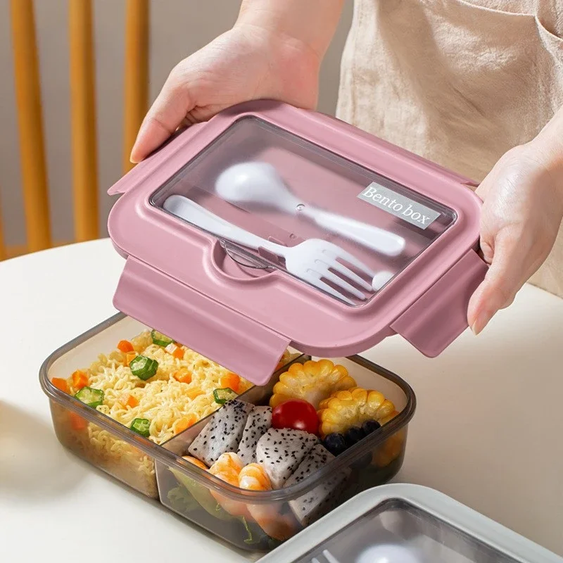 Square Divided Bento Box With Tableware Leakproof Microwave Safe Lunch Box For Office, Picnic & Camping triple grid blue