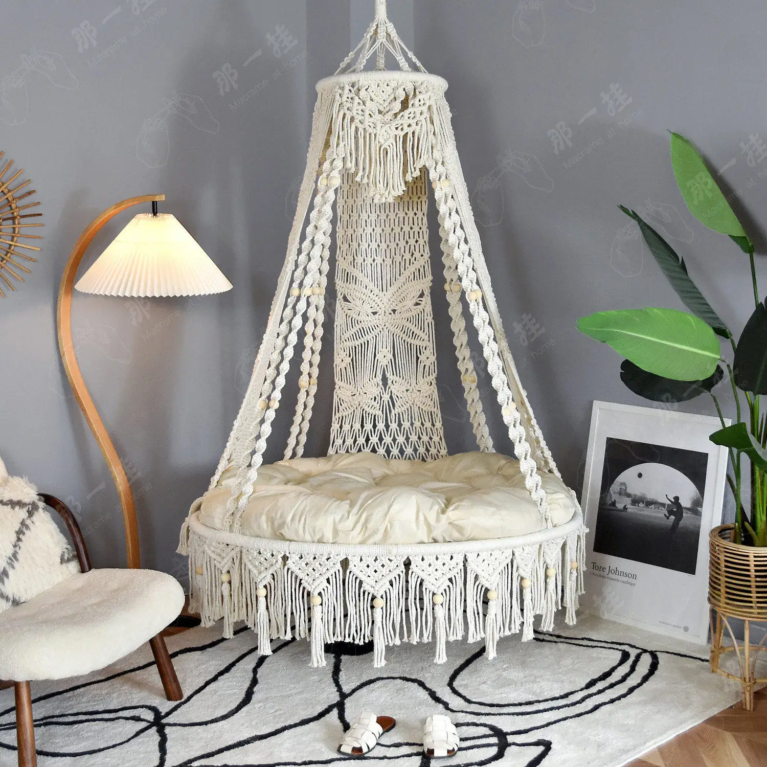 Nordischer Bohemian-Stil Handgewebte Baumwollseil-Hängematte für Wohnzimmer, Balkon, Innenbereich, Deckenhängesessel Image