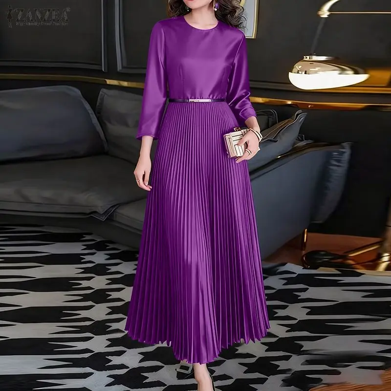 ZANZEA Elegante Damen-Partykleider aus Satin und Seide, O-Ausschnitt, 3/4-Ärmel, A-Linie, langes, plissiertes Kleid, einfarbig, für Gäste, Abendrobe, Femme