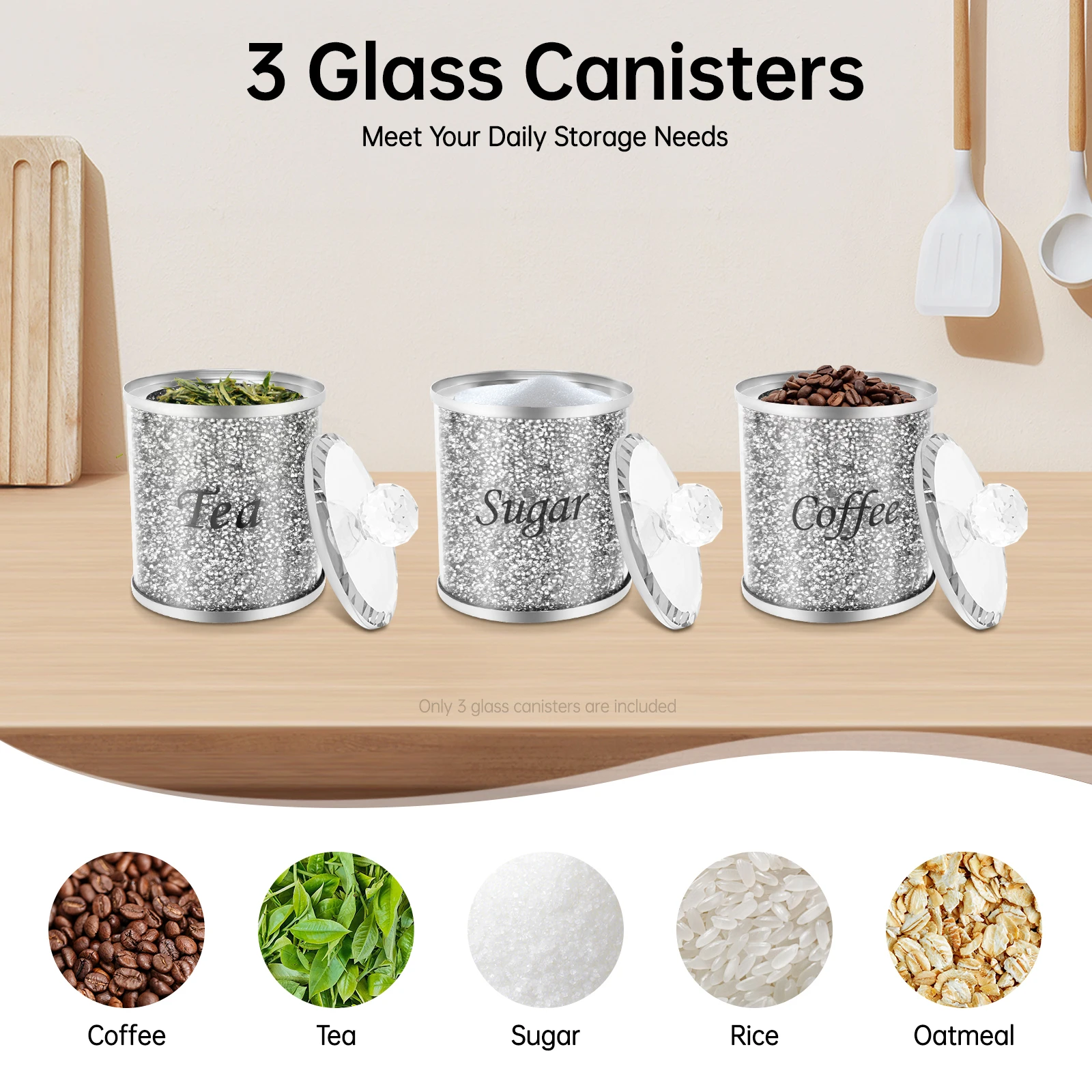 3-teiliges Kaffee-, Zucker- und Teedosen-Set, Dekorative Vorratsdosen mit Diamant-Einlage und Griff, Glas-Aufbewahrungsbehälter für Zuhause und Küche Image