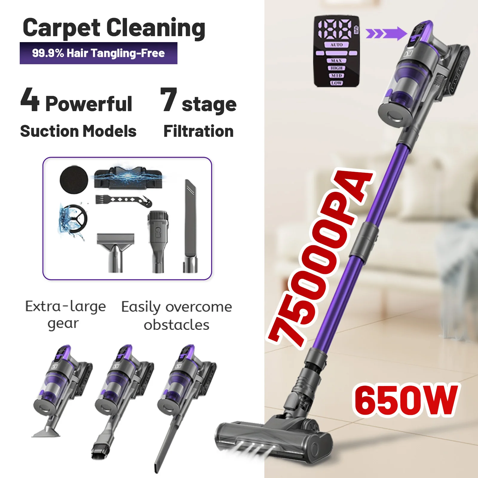 Yanhama 75KPA/650W/70MIN Akku-Staubsauger – 12 Kegelfilter, 4 Geschwindigkeiten, abnehmbarer Akku für Hartböden, Teppiche und Tierhaare Image