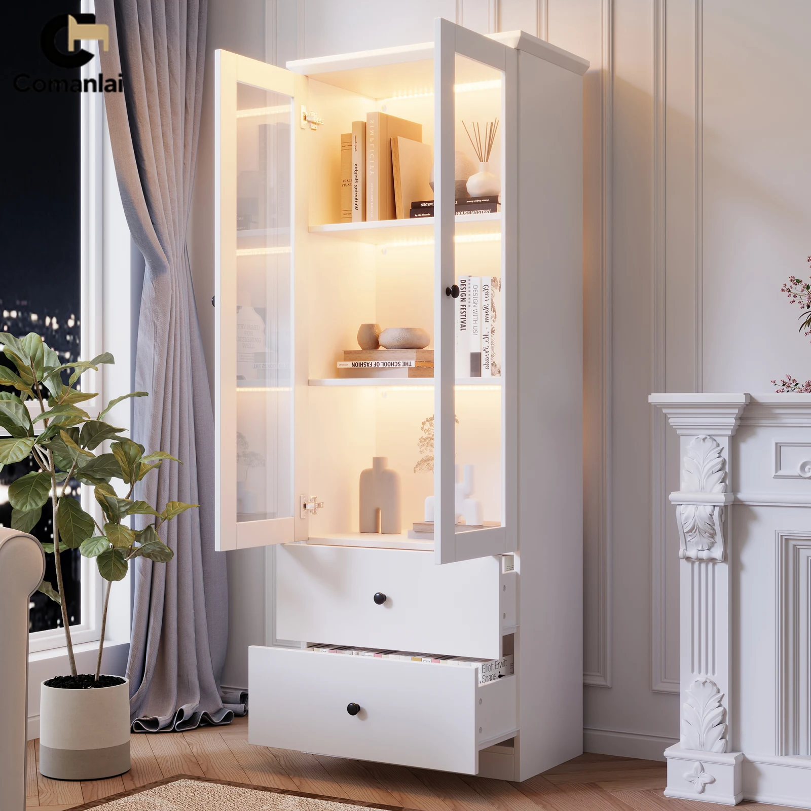 Comanlai Display Stands Moderne LED-Vitrine aus Glas mit Schubladen, 16-farbige Fernbedienung, stehende Vitrine mit Türen Image