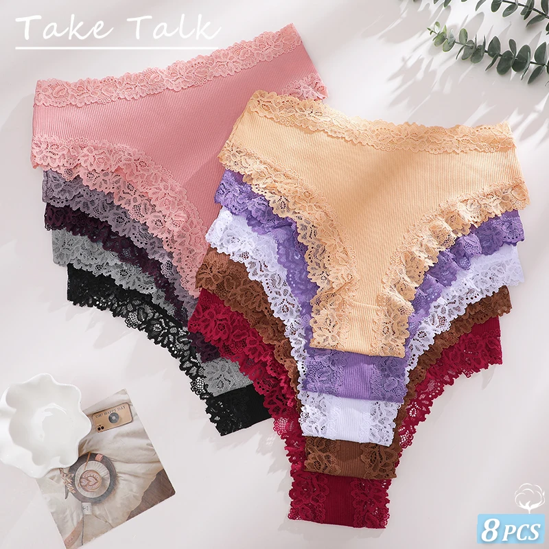 8 Stück/Set Damen Baumwollslips Niedrige Taille Sexy Spitzenunterwäsche Trendige Patchwork-Spitzenhöschen Bequeme Atmungsaktive Damenwäsche Image