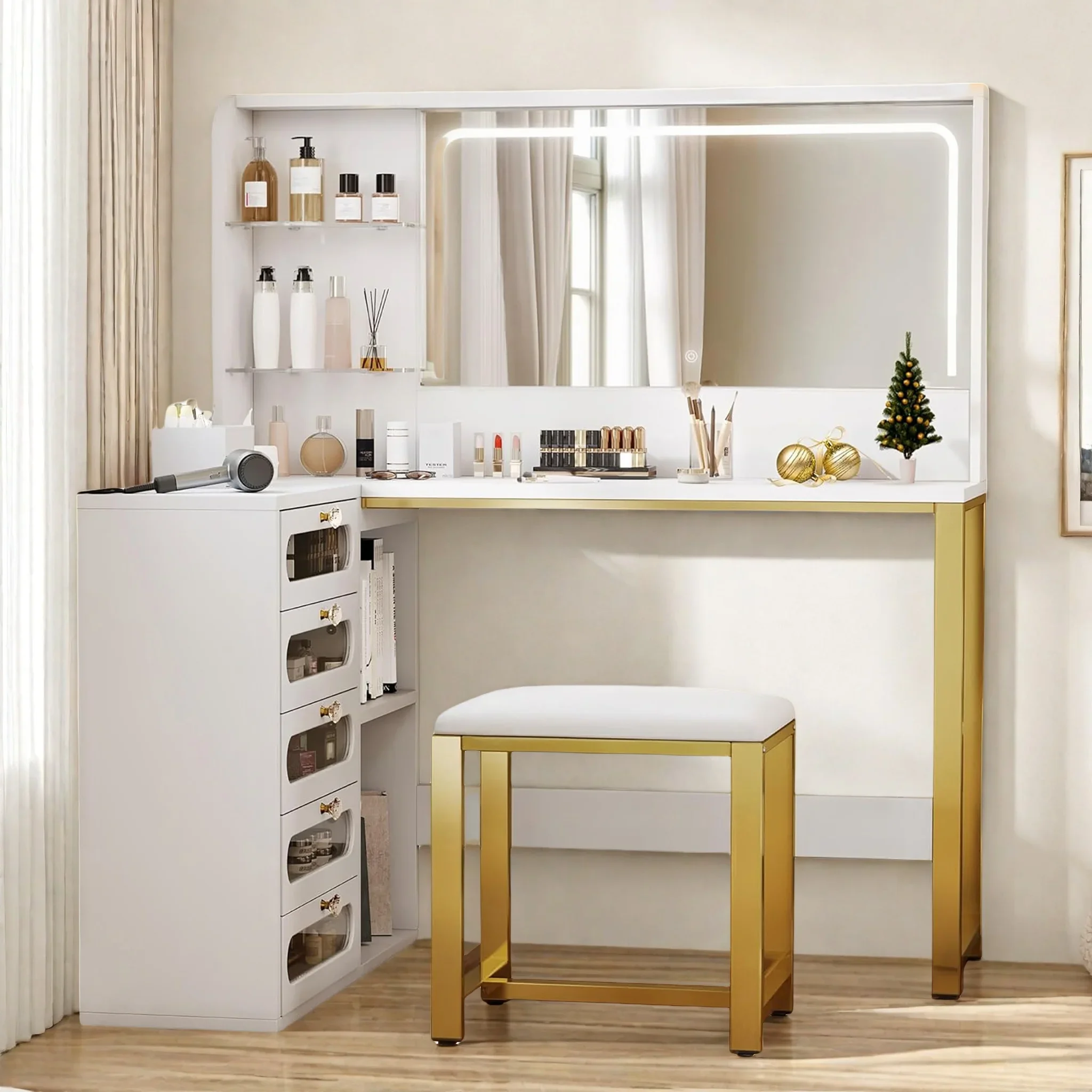 Rosahqnda L-förmiger Schminktisch mit LED-Spiegel und Hocker, Schminktisch mit 5 Schubladen und 2-stufig verstellbarem offenen Regal, Weiß