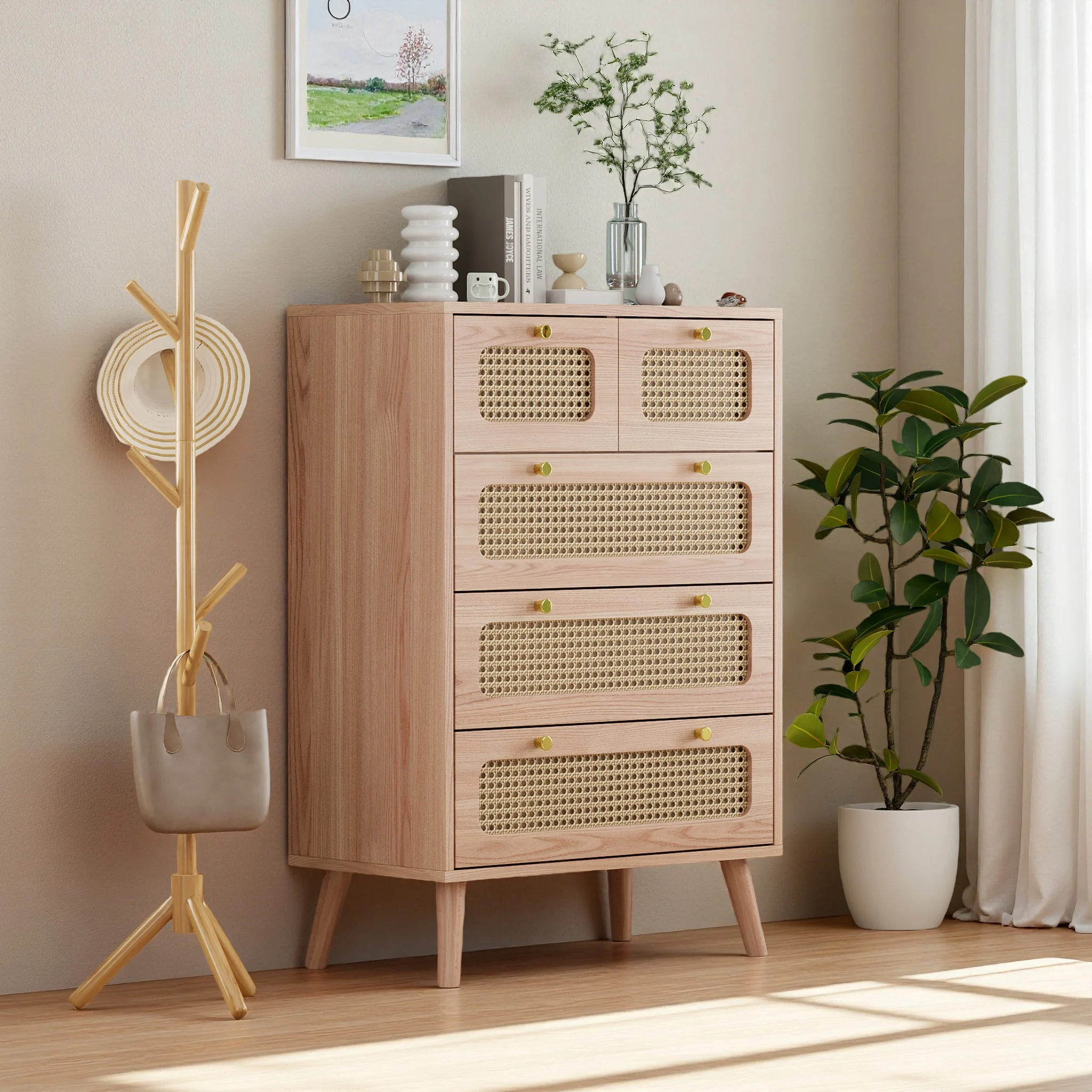 Anajqaqia 60x34x91cm Holz-Aufbewahrungsschrank, Rattan-Geflecht-Aufbewahrungseinheit mit 5 Schubladen, Sideboard für Schlafzimmer, Holzfarbe Image
