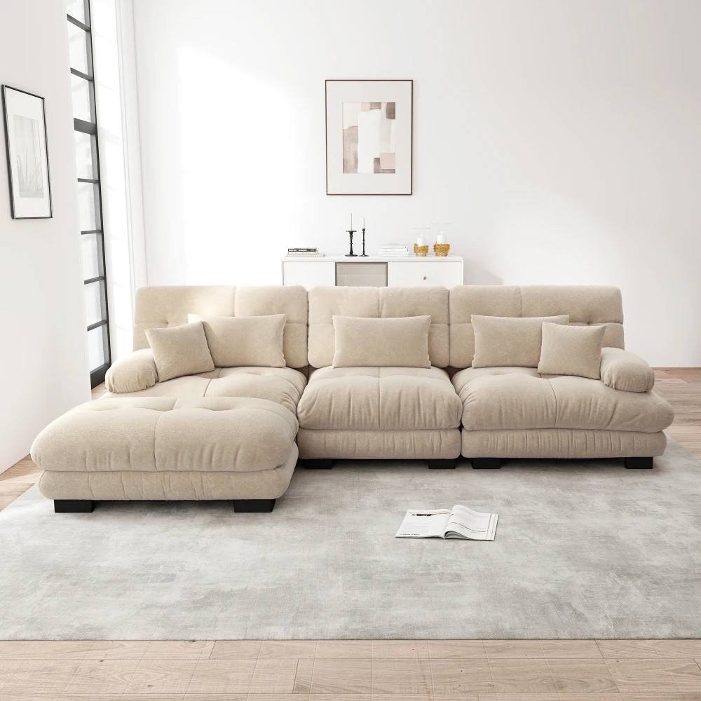 Übergroßes L-förmiges Cloud-Sofa Luxuriöses Modulares Ecksofa Tiefes Schlafsofa mit Ottoman Chenille Hellbraun für Wohnzimmer