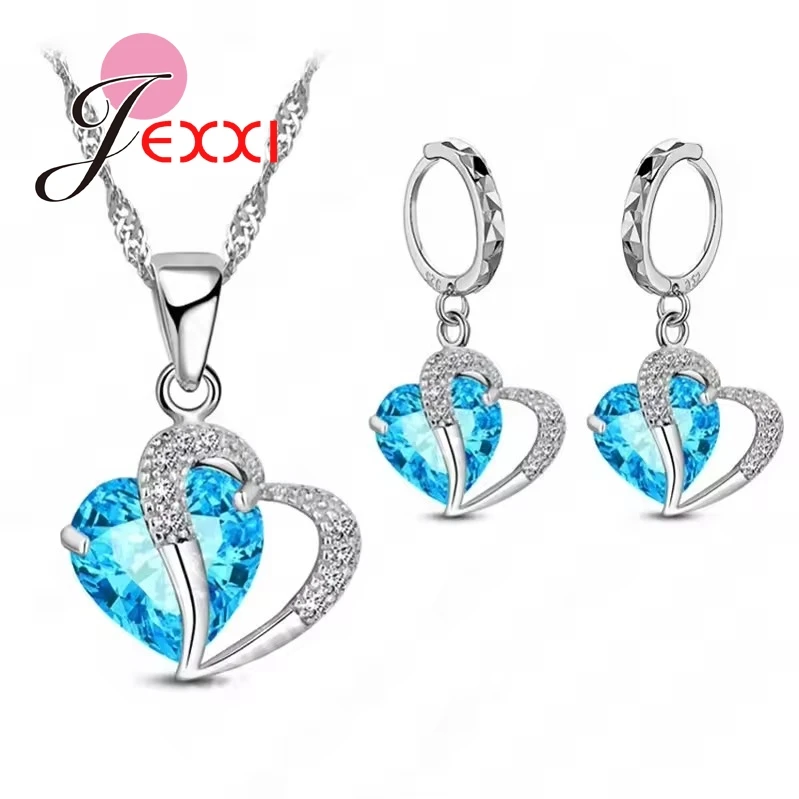 100 % echtes 925er-Sterlingsilber-Schmuckset, glänzender kubischer Zirkon, Herz-Anhänger, Halskette, Brisur-Ohrringe für Frauen, Geschenk Image