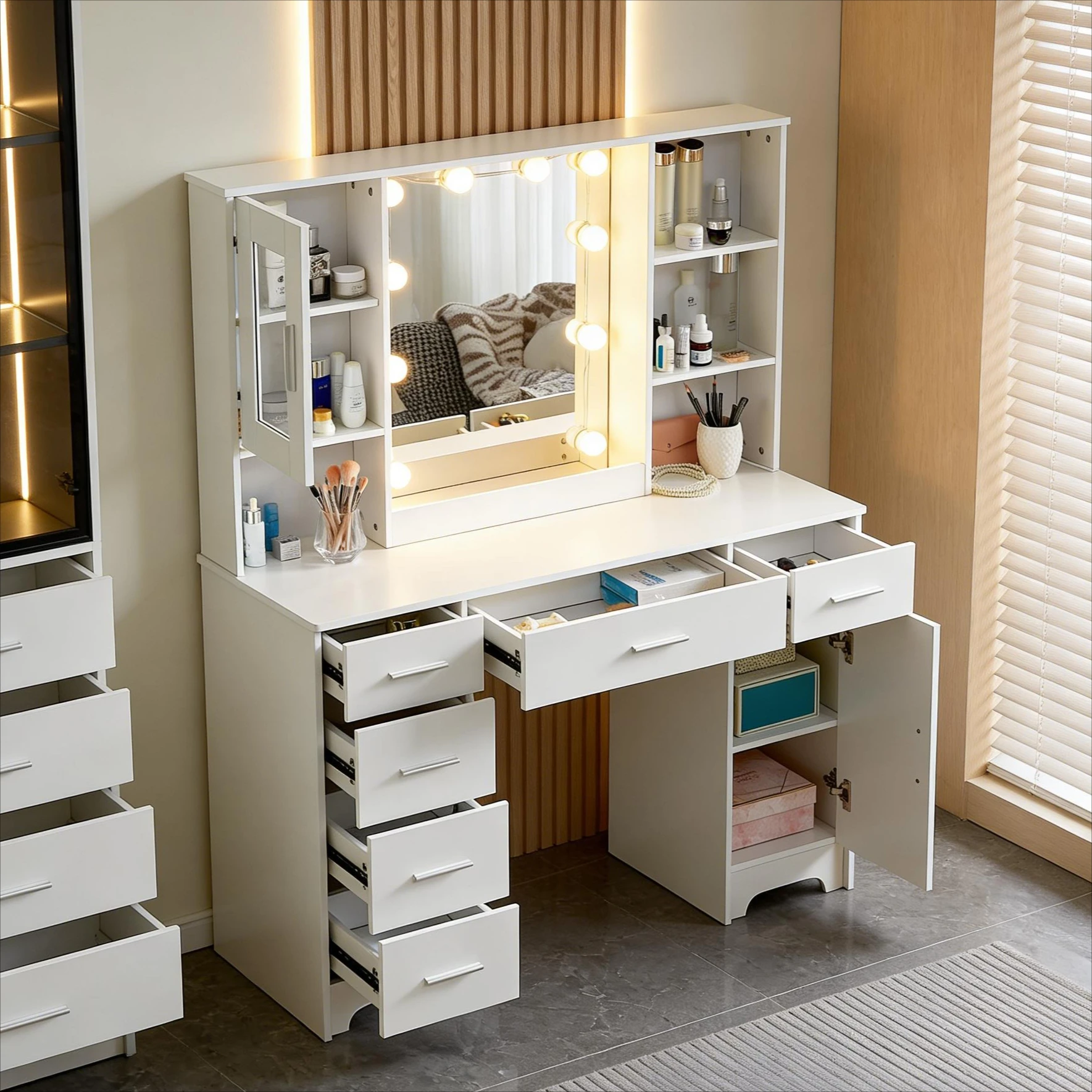 Teousev Weißer Moderner Schminktisch mit Aufklappbarem 3-Farben-Beleuchtungsspiegel, 5 Schubladen & Glasschrank, Einfache Montage, Schlafzimmer-Schminktisch Image