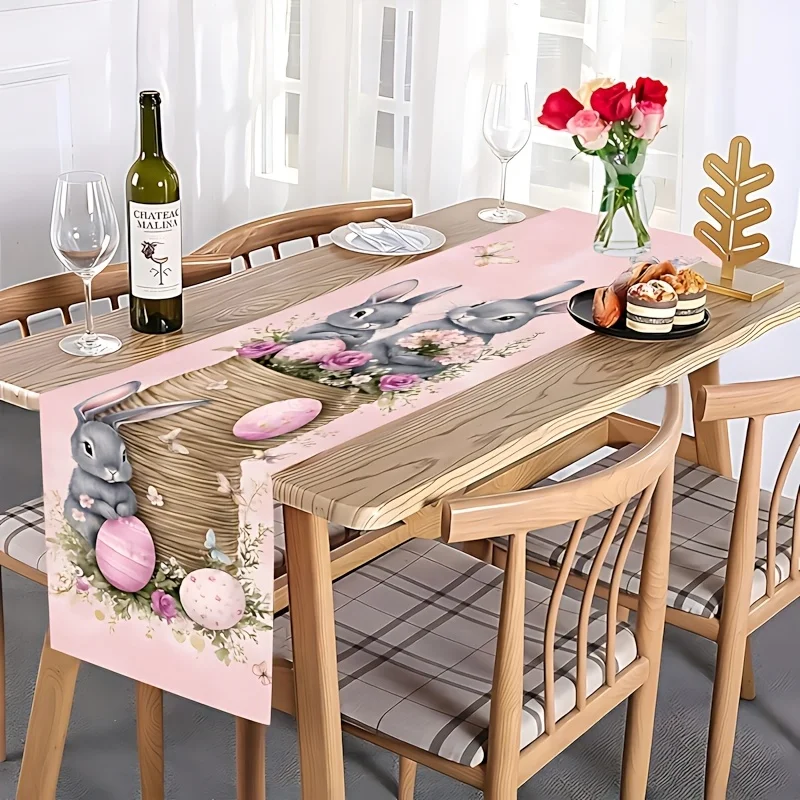 1 Stück rosa Osterhasen-Tischläufer, Tischdecke im pastoralen Girly-Stil, dekorative lange Tischdecke für festliche Atmosphäre Image