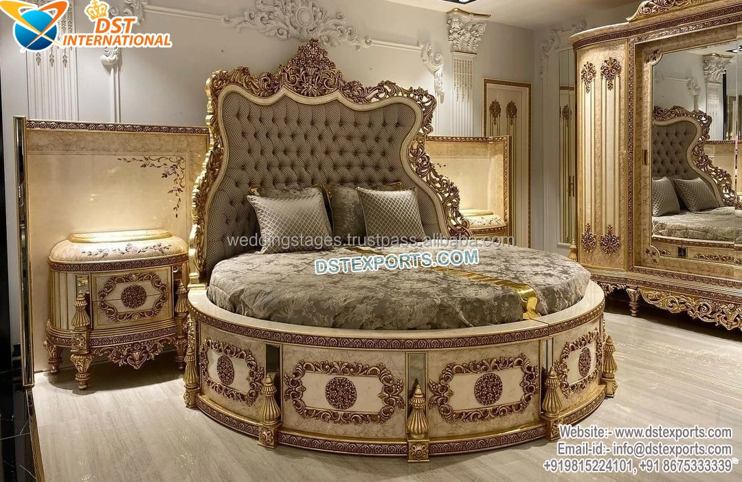 Handgeschnitztes rundes Kingsize-Bett im königlichen Barockstil, luxuriöses, robustes, geschnitztes rundes Bett, rundes Designer-Maharaja-Bett aus Teakholz Image