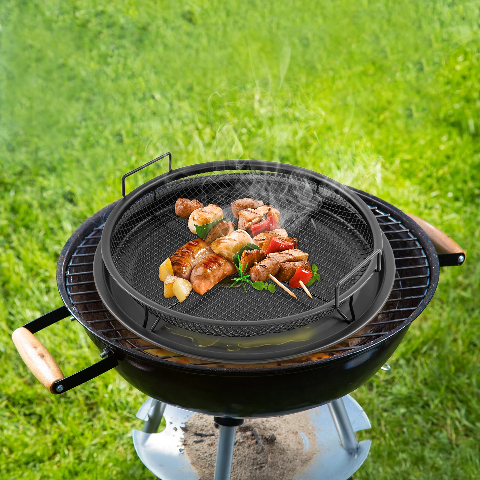 Grillkorb, Runder Schwarzer BBQ-Grillrost, Stehender Backkorb für Camping, Picknick, Gartenparty, Grillzubehör Image