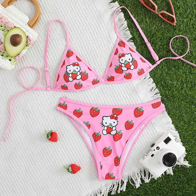 Hello Kitty Bikini-Set, Sommer, Strand, weicher, seitlich gebundener Slip, Badeanzug, süßer, gemütlicher Y2K-Stil, Kuromi Melody Anime-Badeanzug, Kawaii Image