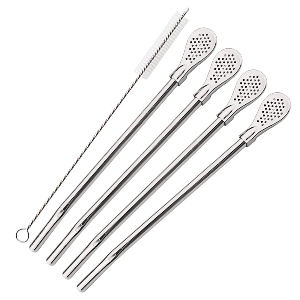 5-teiliges Set Silberne Edelstahl-Trinkhalme Waschbare Wiederverwendbare Yerba Mate Löffel-Filter-Strohhalme für Cocktail-Bar-Zubehör Image