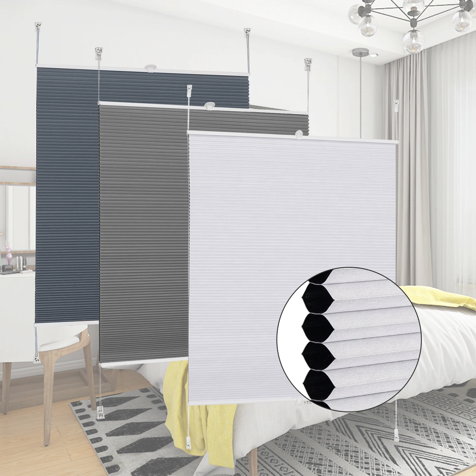 WOLTU Anti-Sonnenrollo, Wabenförmige Plissee-Jalousie ohne Bohren, mit Clip-Halterung für Fenster, Türen, Schlafzimmer, Wohnzimmer