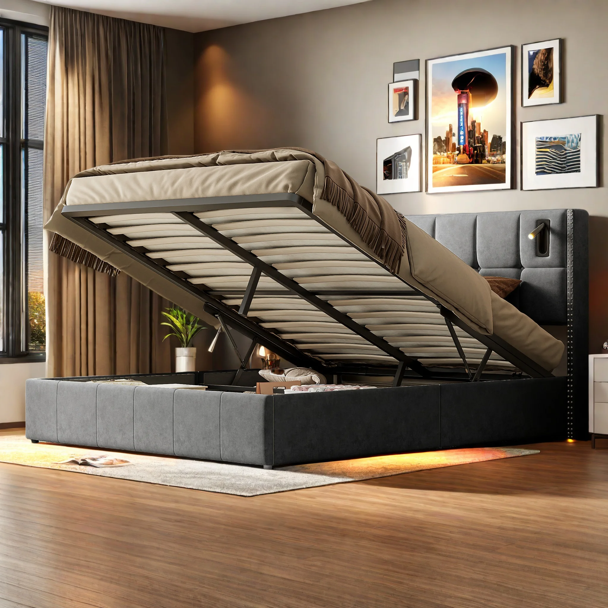 Bett 160x200, Boxspringbett mit Bettkasten, Polsterbett Doppelbett, Kopfteil mit Leselampe und USB-Ladefunktion, Hydraulisches Stauraumbett Jugendbett Bettgestell mit Lattenrost, Samt, Grau