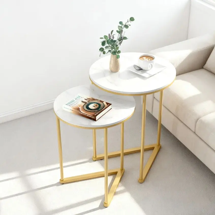 2er-Set Runde Echte Marmor Gold Beistelltische für Wohnzimmer Büro Goldener Metallrahmen Stapelbare Couchtische Image