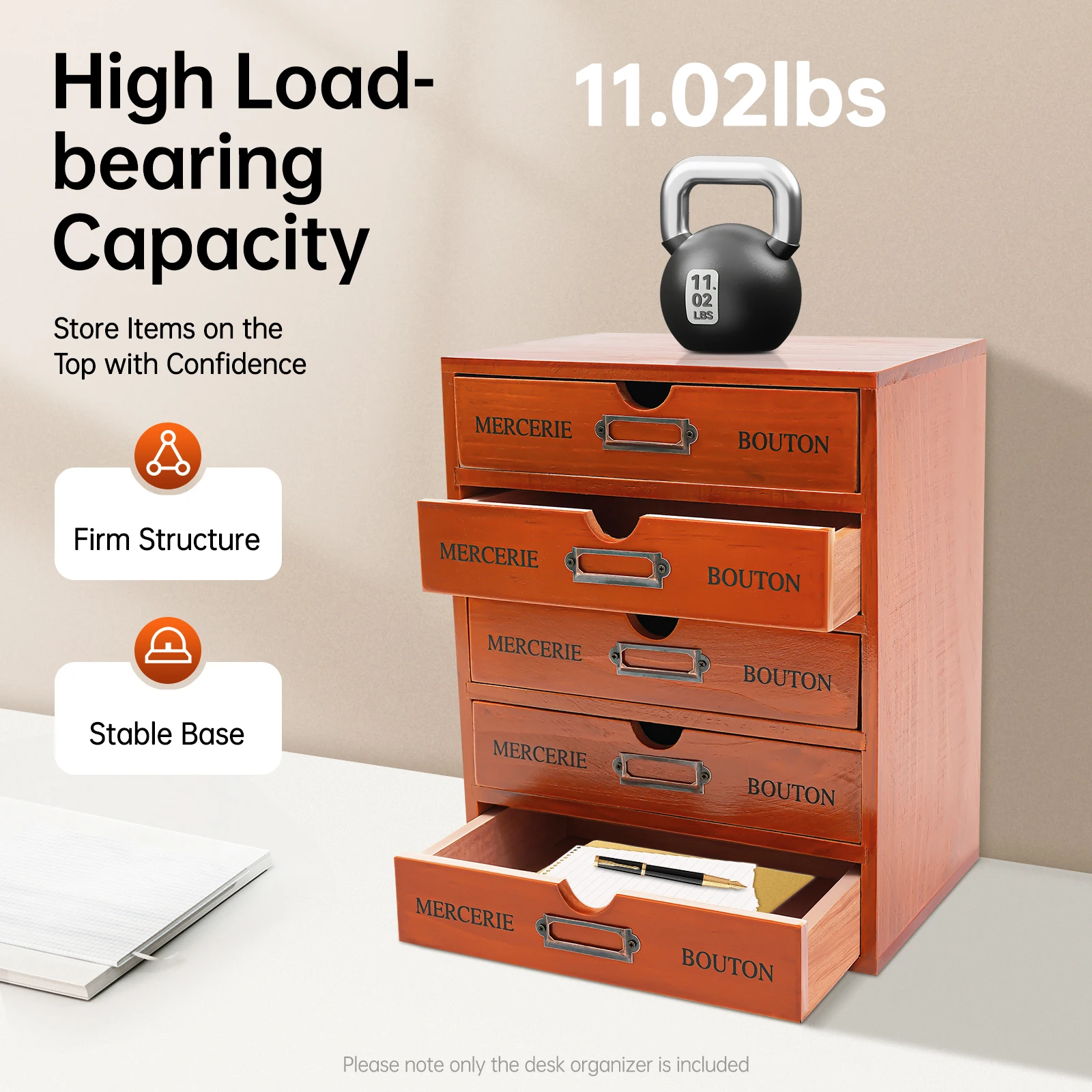 Schreibtisch-Organizer aus Kiefernholz mit 5 Schubladen, 11,02 Pfund Tragfähigkeit, Vintage-Regal, Schublade, ohne Montage, beschriftete Schubladen für das Heimbüro