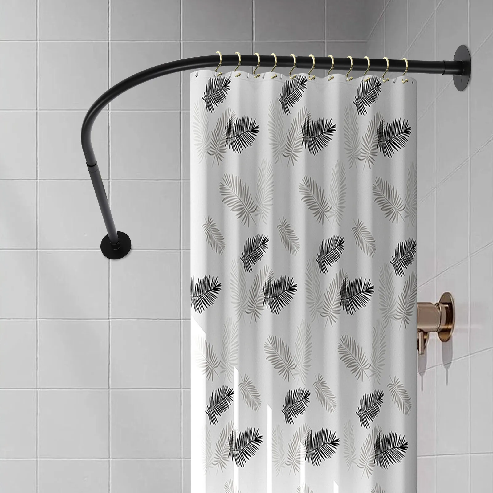 Verstellbare L-förmige Duschvorhangstange aus Edelstahl, Eckstange ohne Bohren, Tragkraft 8 kg für Badewanne, Schwarz