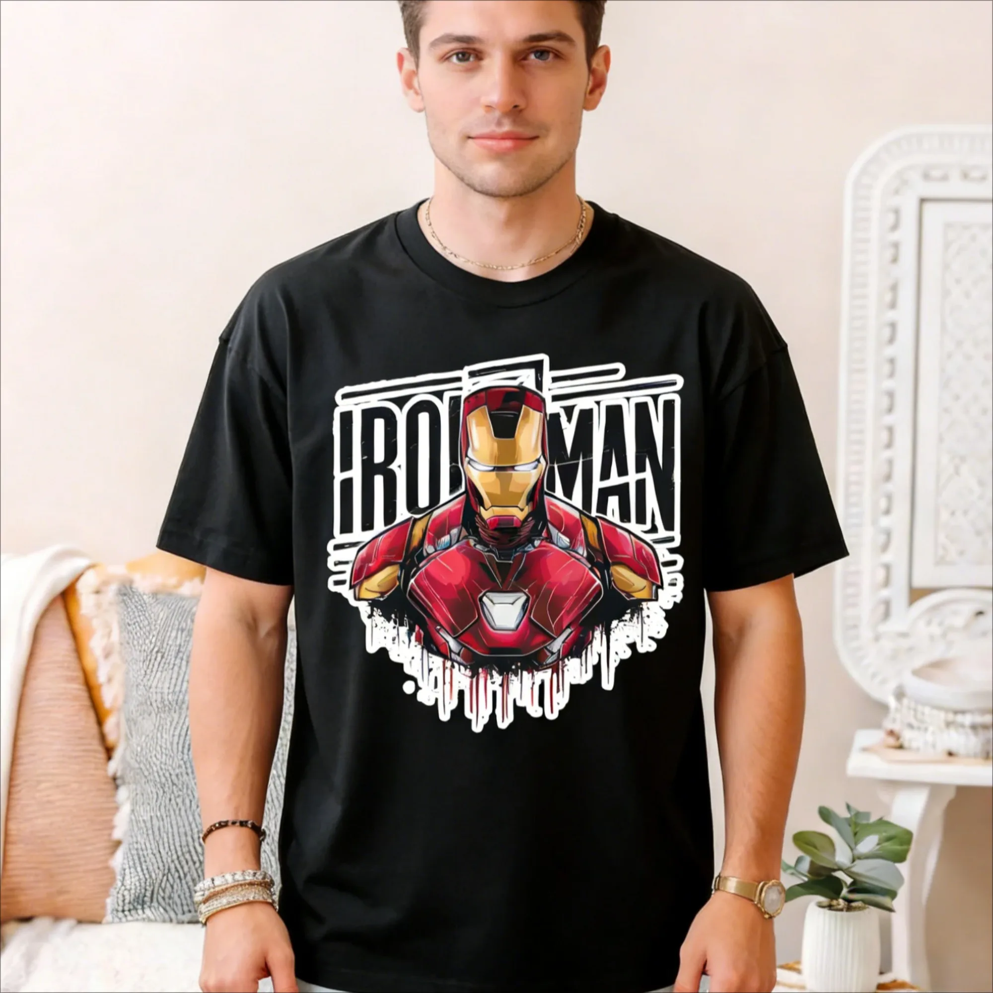 Retro Iron Man Grafik T-Shirt für Männer und Frauen Baumwolle Mode Tony Stark Aufdruck T-Shirt Marvel Fans Geschenk Lässiges Hip-Hop Streetwear Tee Image