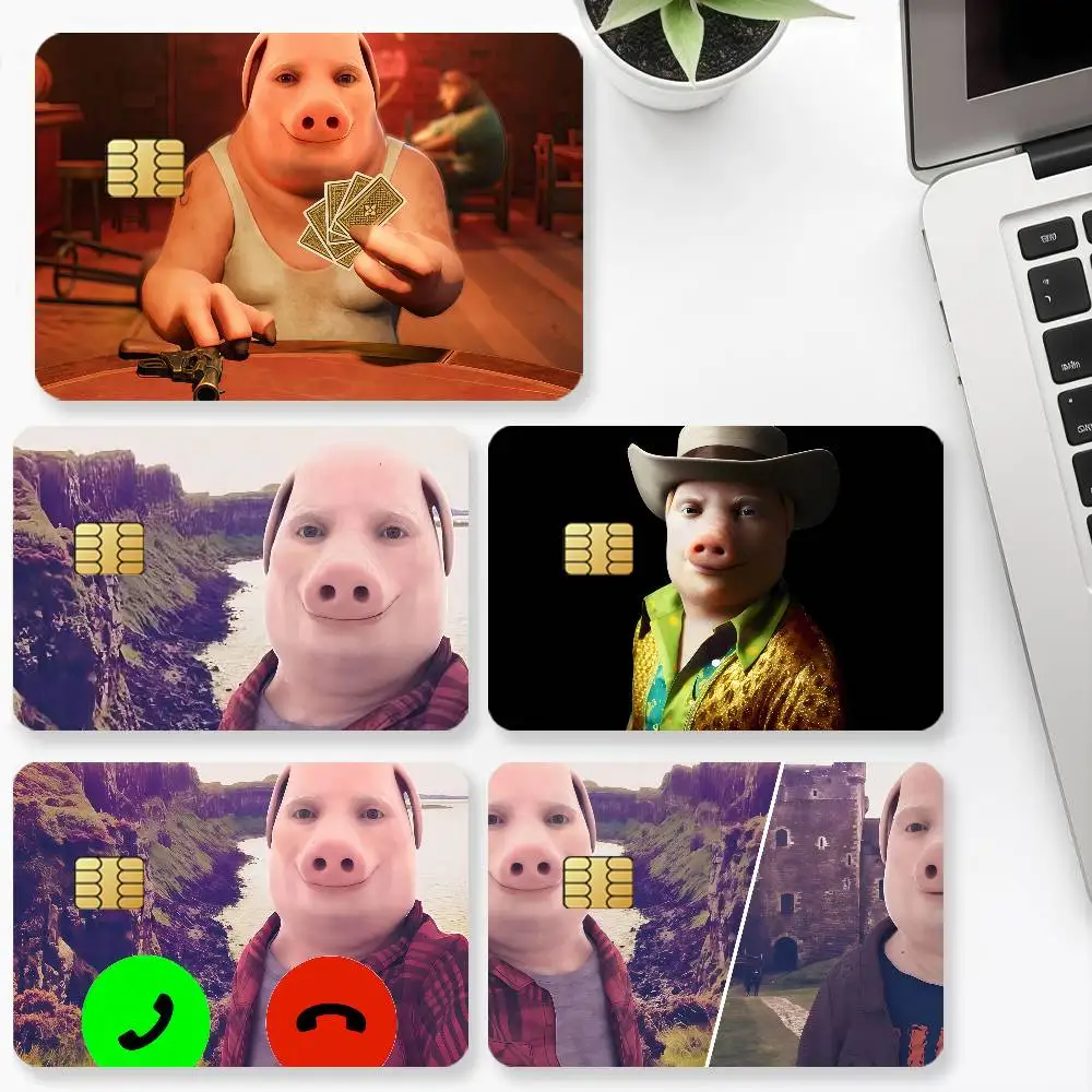 J-John Schweinefleisch lächelnde Kreditkarte für Bank-Debit, dekorativer Schutz, 4 Stück, kratzfeste, wasserfeste Aufkleber, Bus-U-Bahn-Bibliothek Image