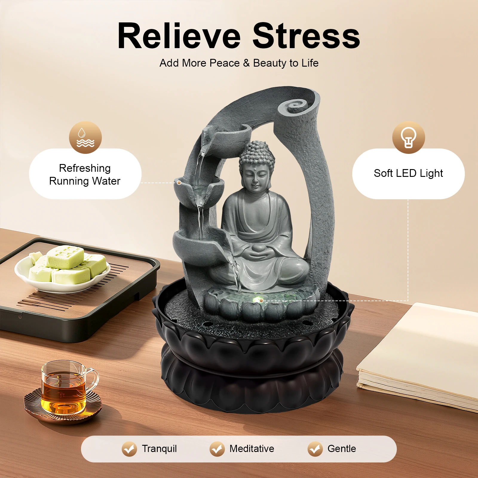 Eleganter Buddha-Wasserbrunnen mit LED-Beleuchtung, Desktop-Zen-Brunnen für Heim- und Bürodekoration, Meditation und Entspannung, Geschenk