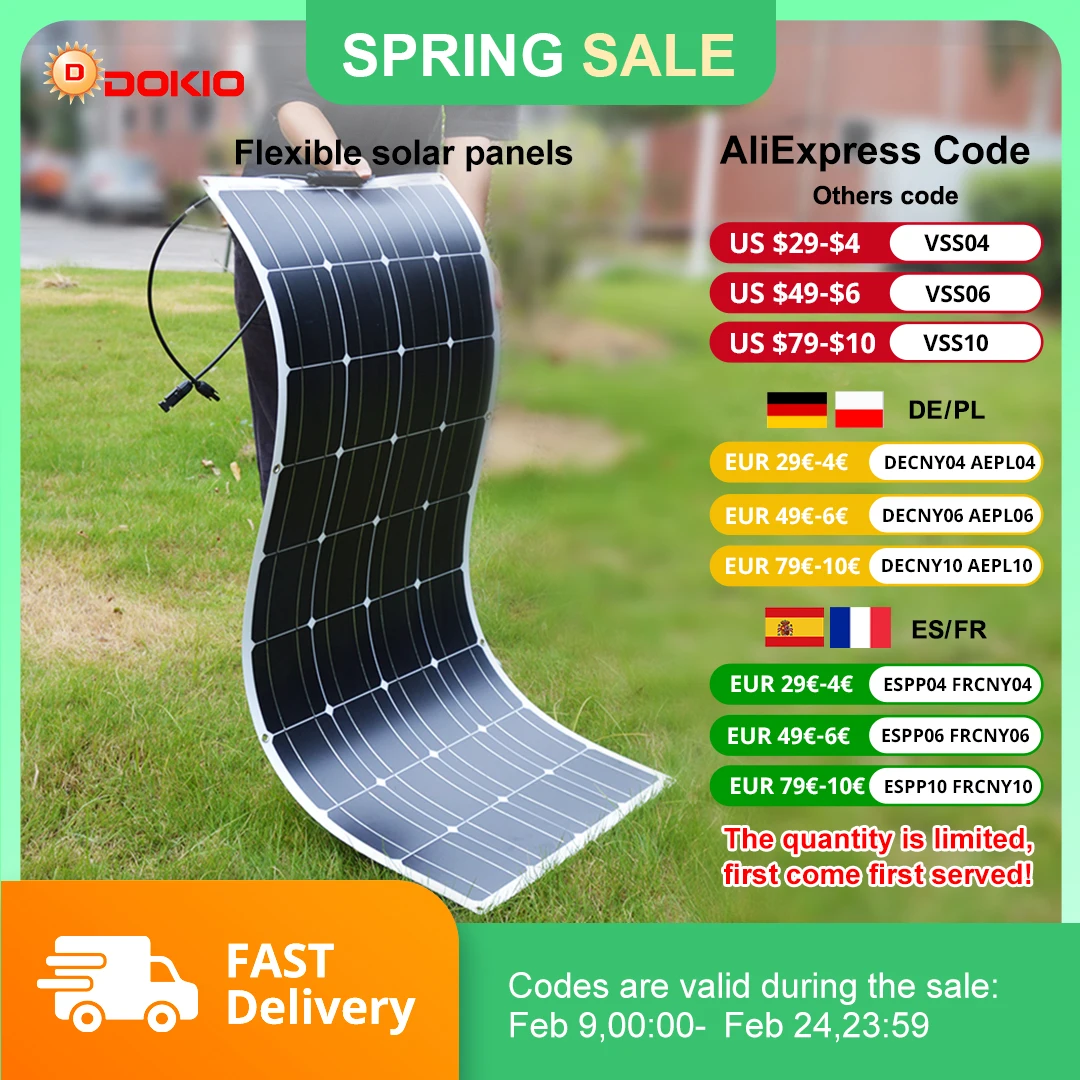 DOKIO 18V 100W/200W/400W Flexible Solarmodule Wasserdichtes monokristallines Solarpanel Camping RV Home Charge 12V Image