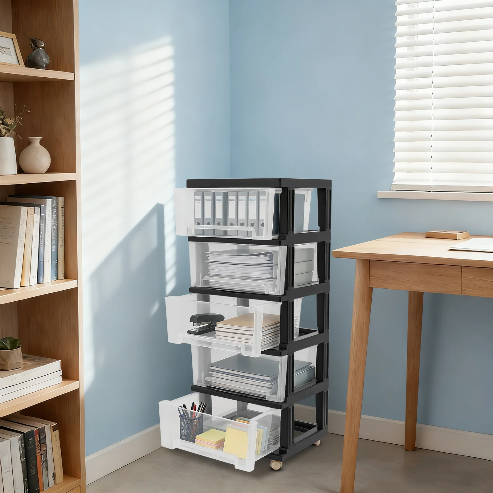 5-Schubladen Aufbewahrungsorganizer Schwarz PP 40x33x98cm mit Rollen Rutschfest für Zuhause Büro A4 Papierkapazität Image