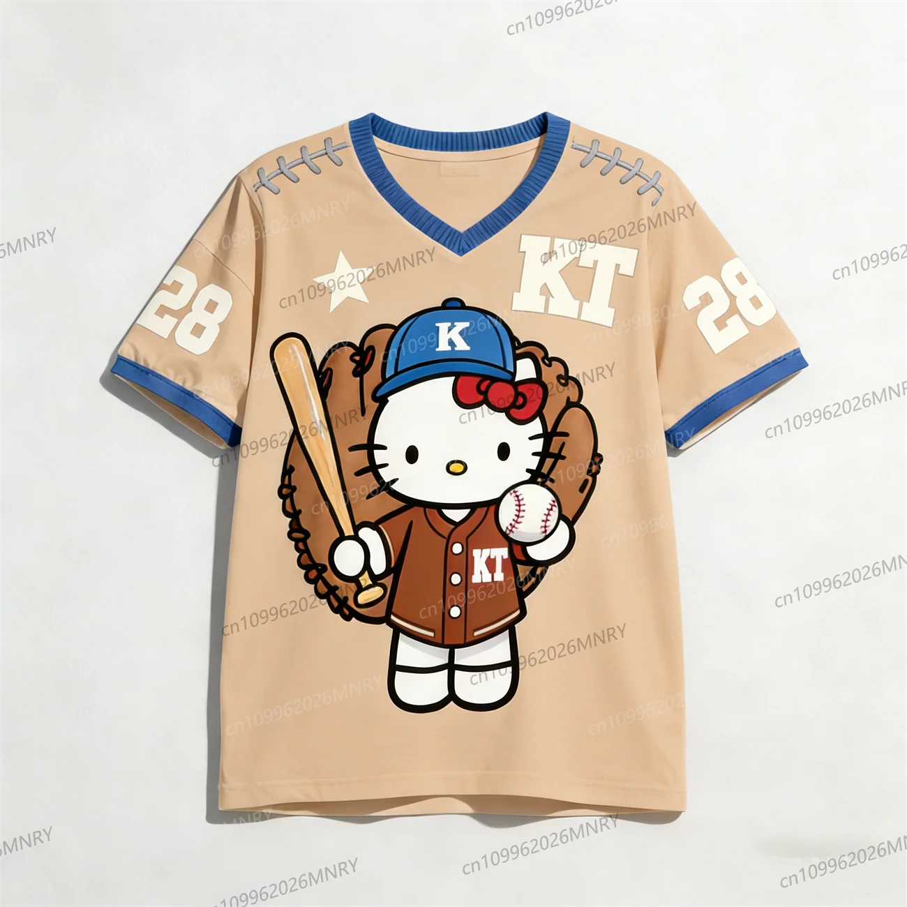 Sanrio Hello Kitty T-Shirt, Cartoon-Sportbekleidung, Damen- und Herren-T-Shirt, V-Ausschnitt, locker, lässig, leicht, atmungsaktiv, Streetwear, Strand-Tops