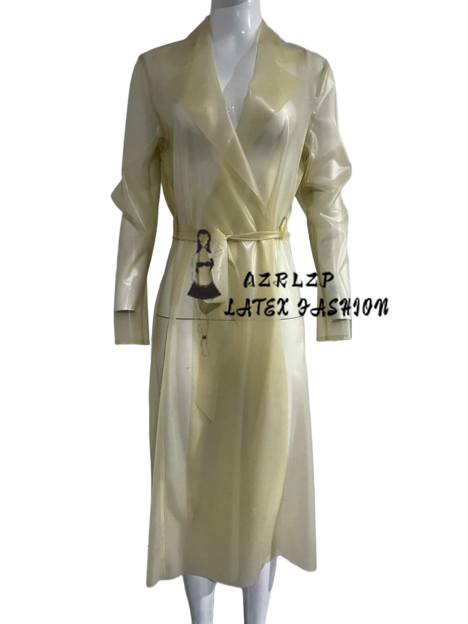 Transparenter Latex-Übermantel, langärmliger, geknöpfter Gummimantel mit Gürtel, lange Jacken mit Umlegekragen Image