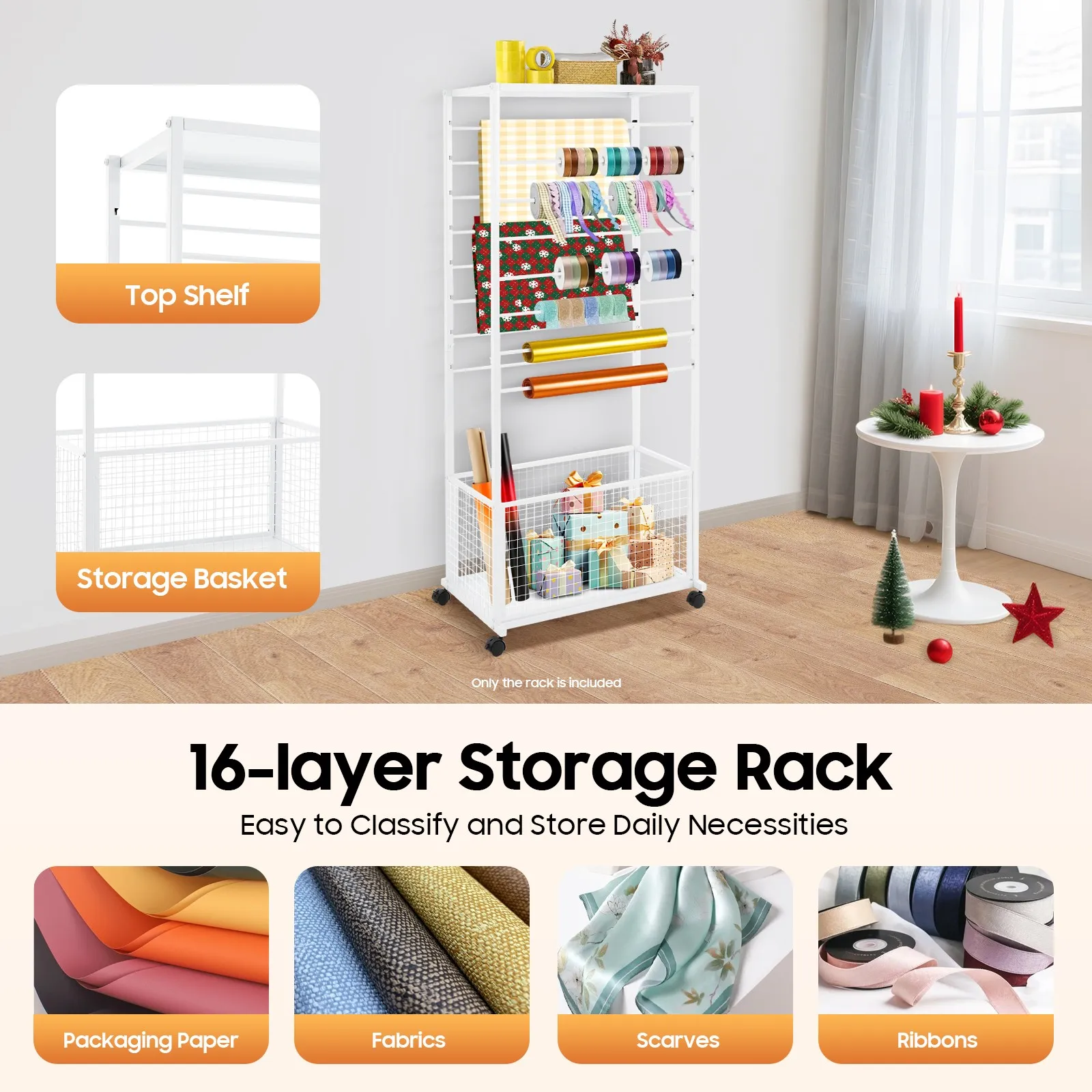 16-stufiger doppelseitiger Bandorganizer mit feststellbaren Rollen, großer Aufbewahrungshalter für Bastelbedarf für Blumenläden, Supermärkte Image