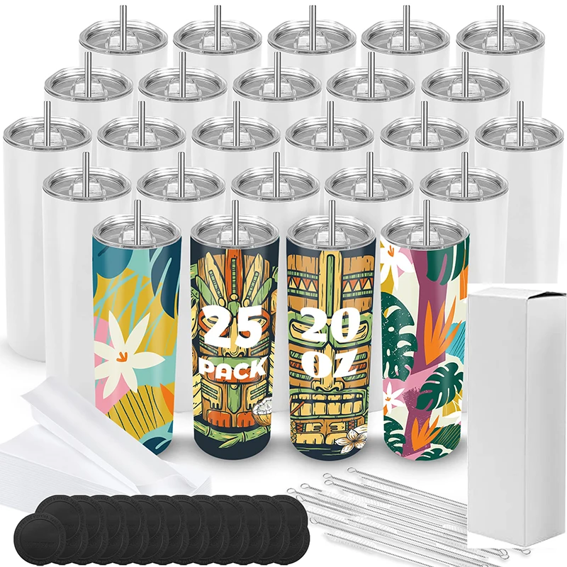 25 Stück 20 oz Sublimation Blanko Straight Cup mit Schrumpffolie Wasserflasche Edelstahl Thermosflasche Isolierflaschen Image