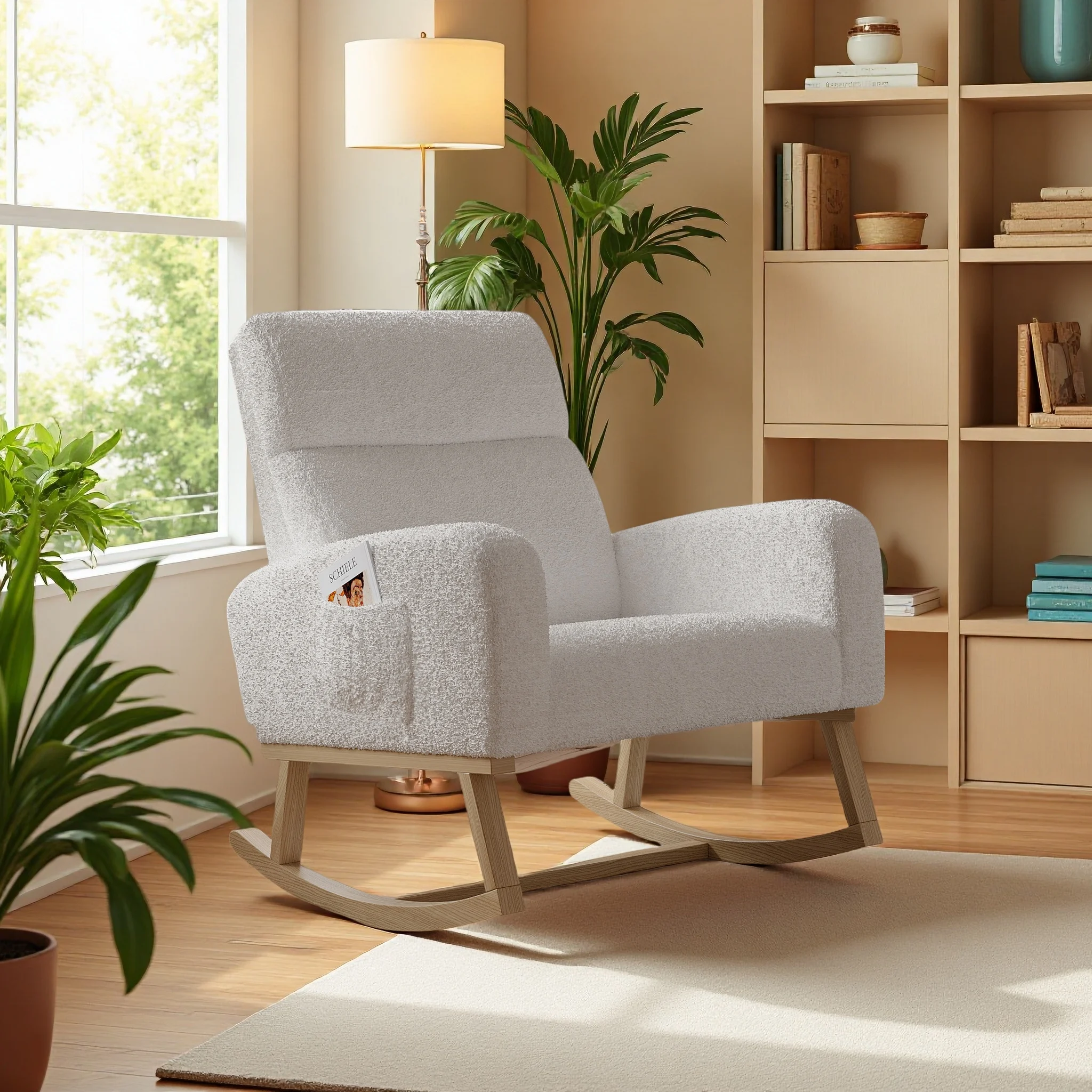 Superweicher Loungesessel, Schaukelstuhl, Liegesessel mit hoher Rückenlehne und Seitentaschen, Schaukelstuhl für Schlafzimmer, Teddy-Fleece