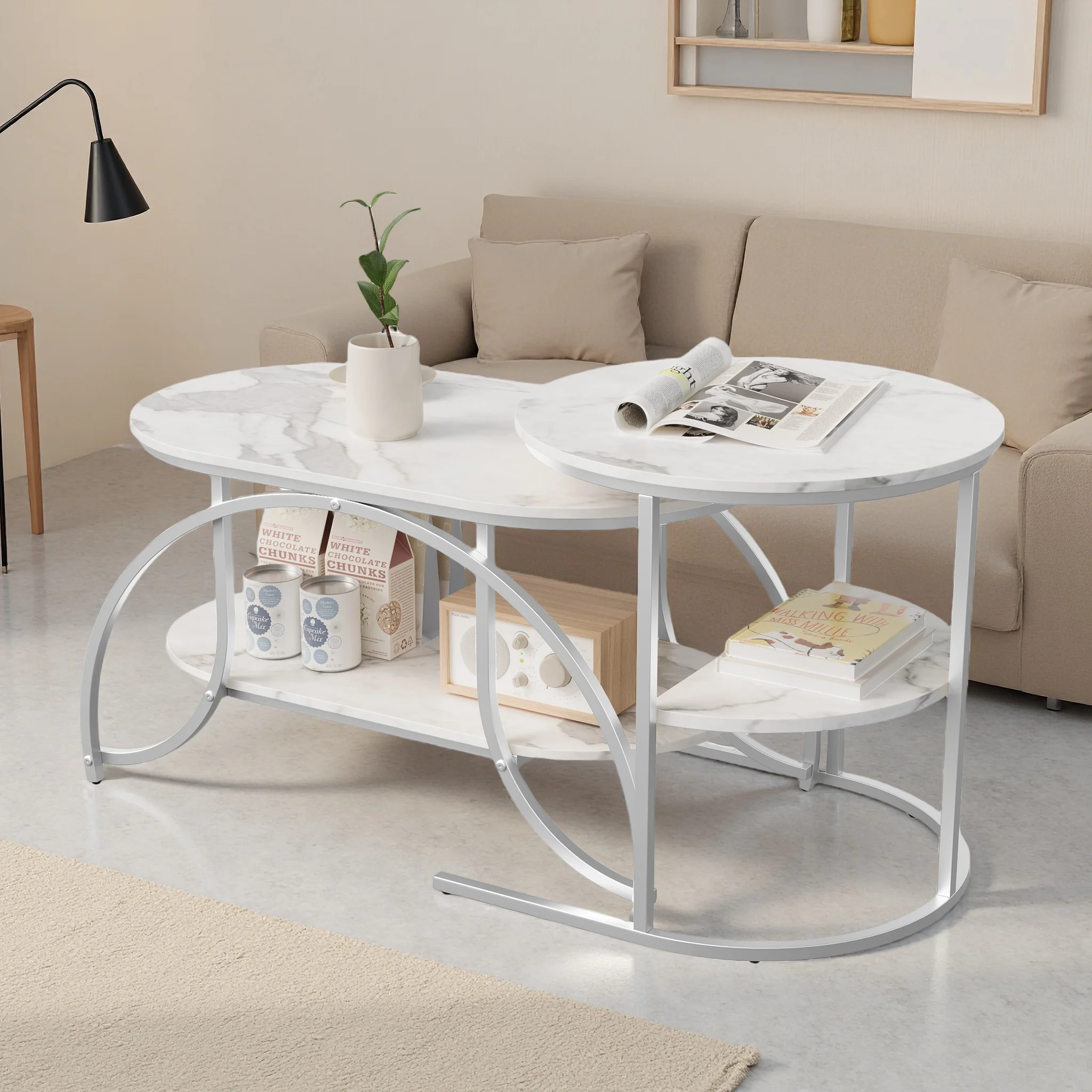 Anajqaqia 2-teiliges Couchtisch-Set, silberne Tischbeine + weiße Tischplatte, moderner Satztisch, mit Stauraum und Metallgestell Image