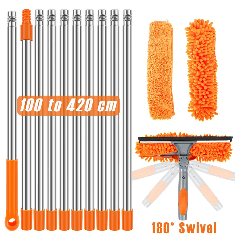 100–420 cm verlängertes Fensterreinigungsset, 2-in-1, doppelseitiger Glasabzieher, Staubwedel, Mopp 180 ° Schwenkbare Fensterreinigungswerkzeuge Image