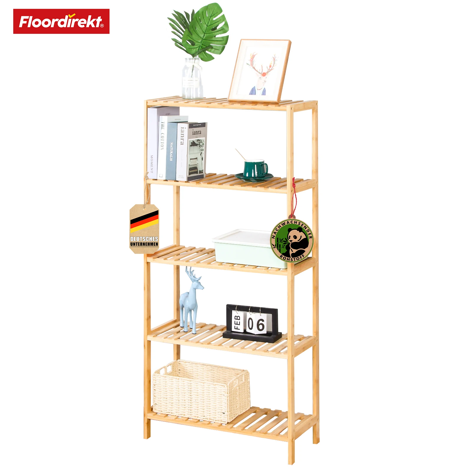FLOORDIREKT Bambus-Standregal Ohio - Platzsparendes Holzregal mit 5 Etagen - Ideal für Bad, Schlafzimmer und Wohnzimmer Image